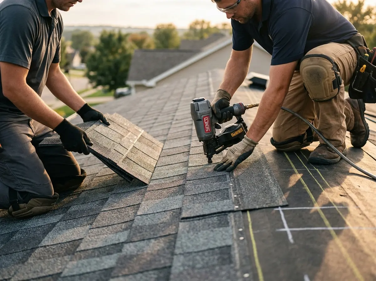 Professional roofer working on a residential roof in Olathe